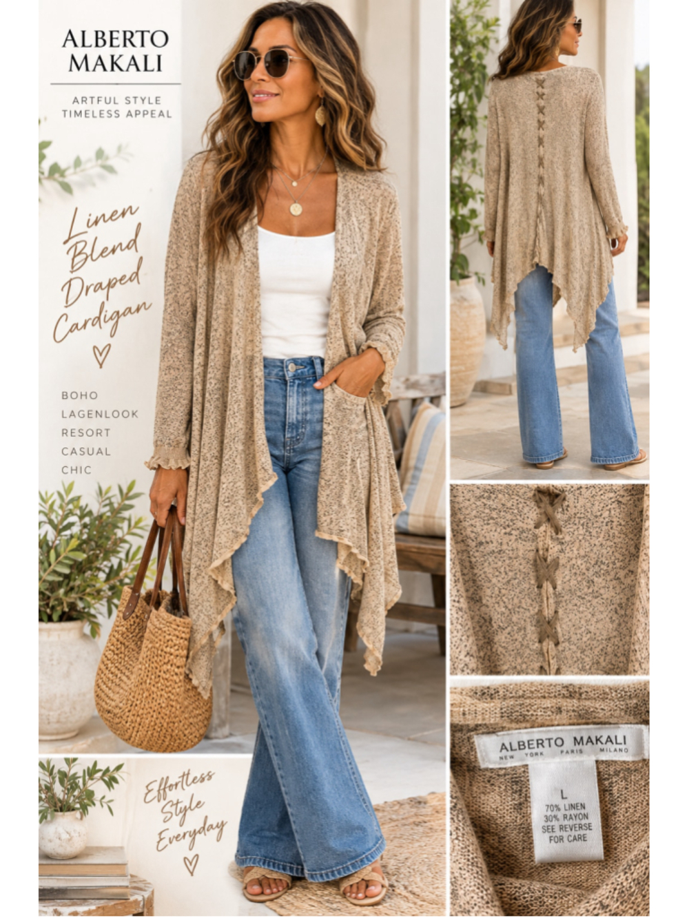 Alberto Makali Linen Blend Open Front Cardigan L Tan Boho Draped Artsy